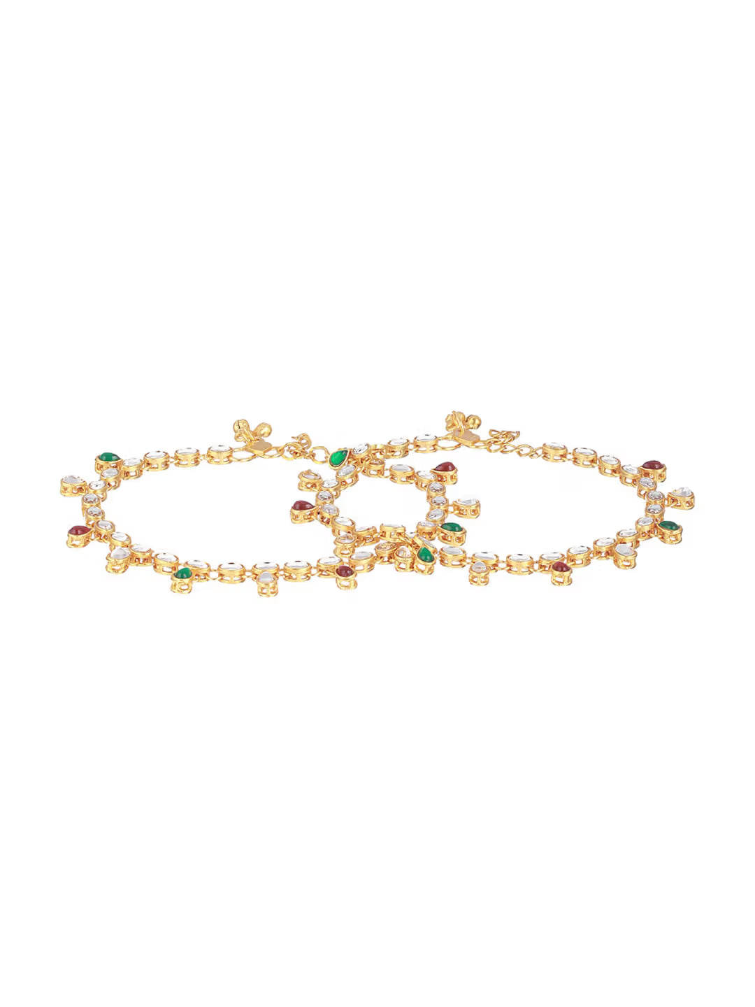 Aura Set of 2 Gold Plated Red & Green Kundan Studded & CZ Stone Anklets