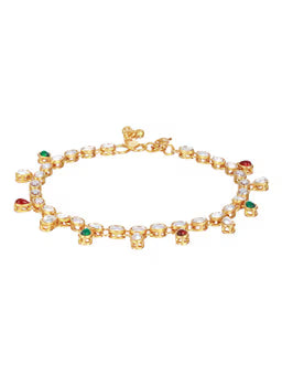 Aura Set of 2 Gold Plated Red & Green Kundan Studded & CZ Stone Anklets