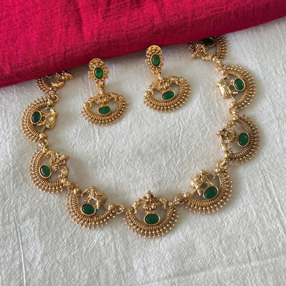 Aura Jewellery Gold Plated Pota Stone And Temple Necklace Set