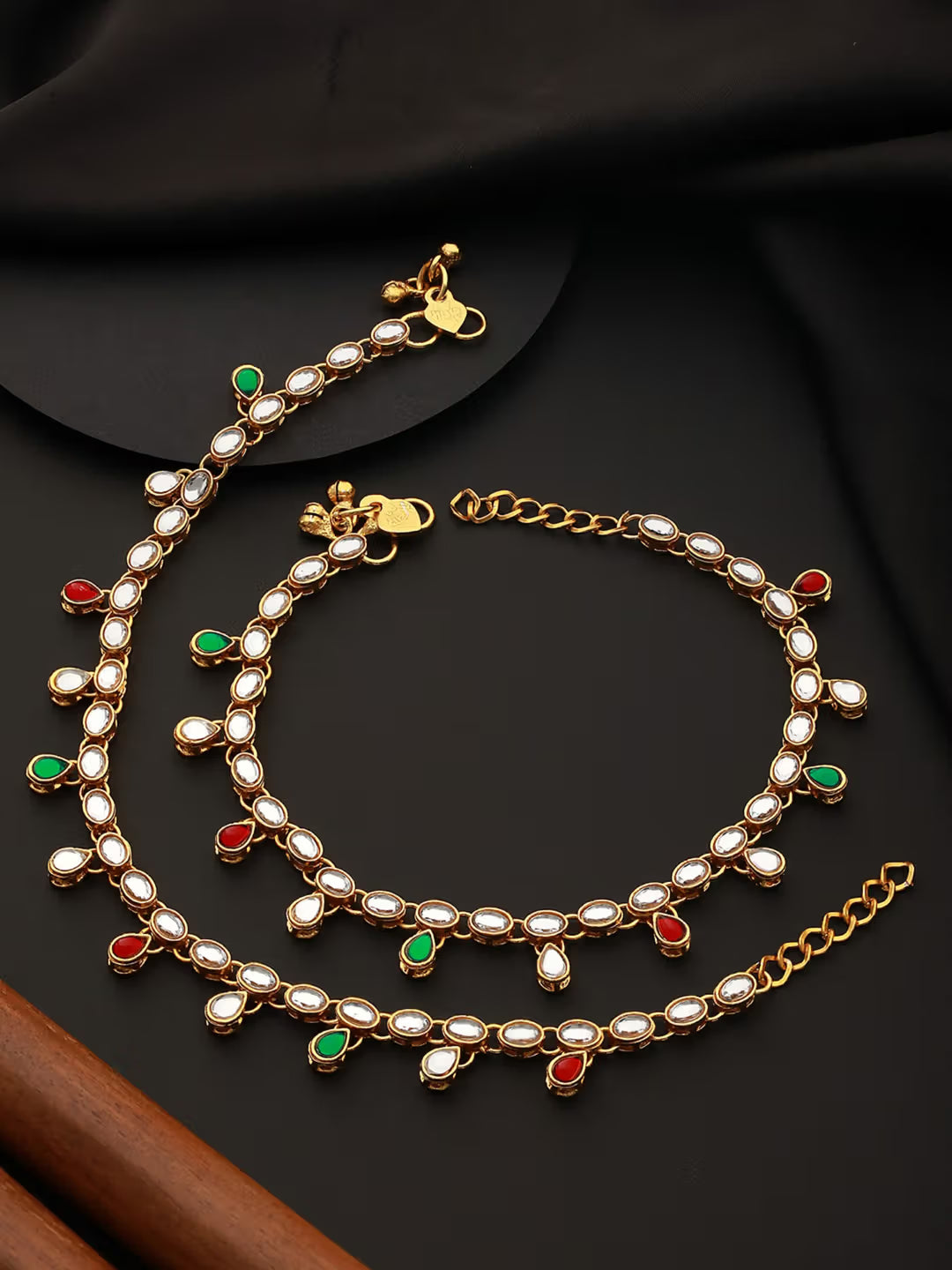 Aura Set of 2 Gold Plated Red & Green Kundan Studded & CZ Stone Anklets