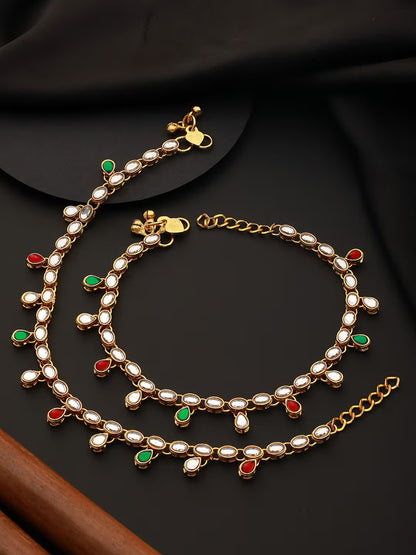 Aura Set of 2 Gold Plated Red & Green Kundan Studded & CZ Stone Anklets