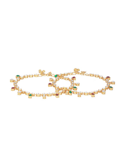 Aura Set of 2 Gold Plated Red & Green Kundan Studded & CZ Stone Anklets